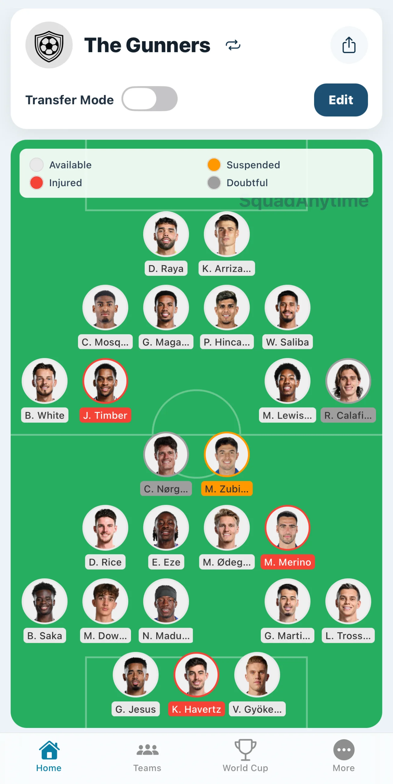 Squad Anytime showing a football squad organised by position with colour-coded player availability